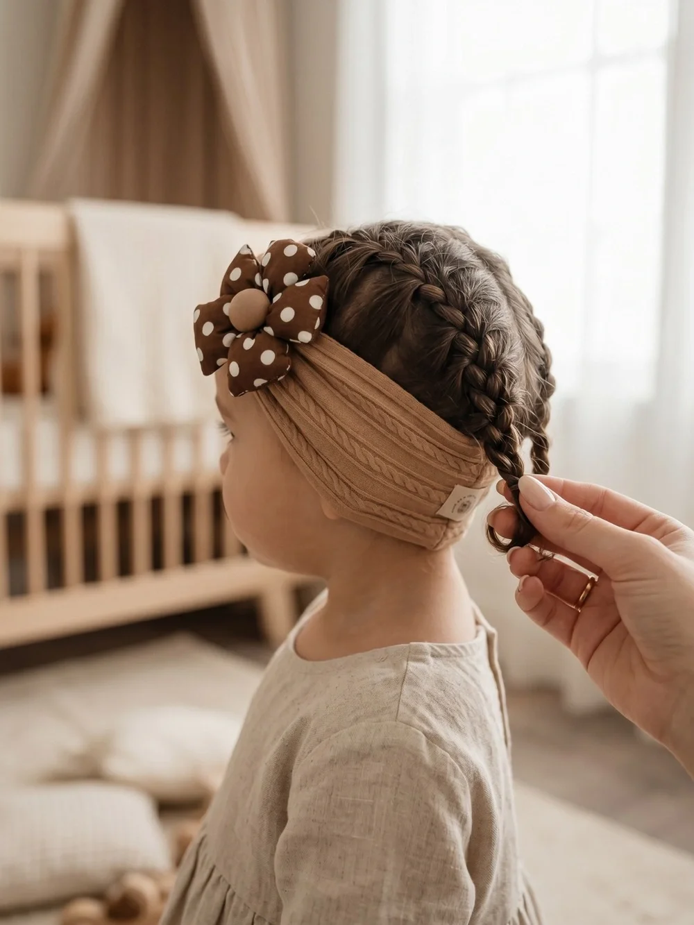 Handmade Baby/Toddler Cable Knit Turban Headwrap with Polka Dot Flower